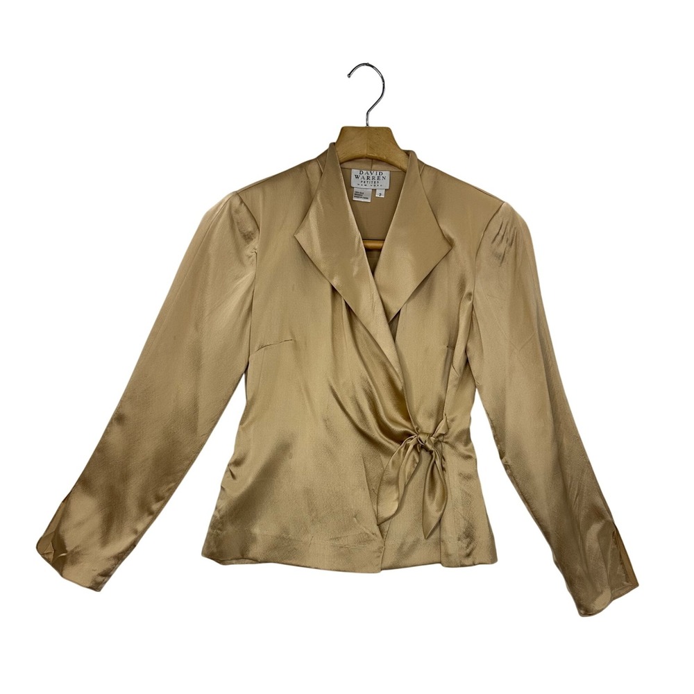 David Warren Petites Silk Wrap Blazer Gold Tan Tie Waist Long Sleeve Size 2